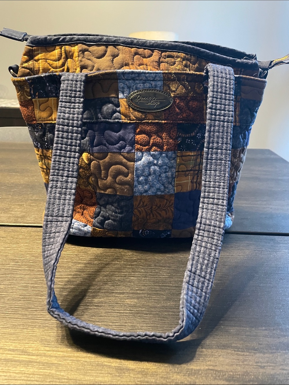 Patchwork Quilted Tote Bag in Blue and Brown - Dooney & Bourke Inspired